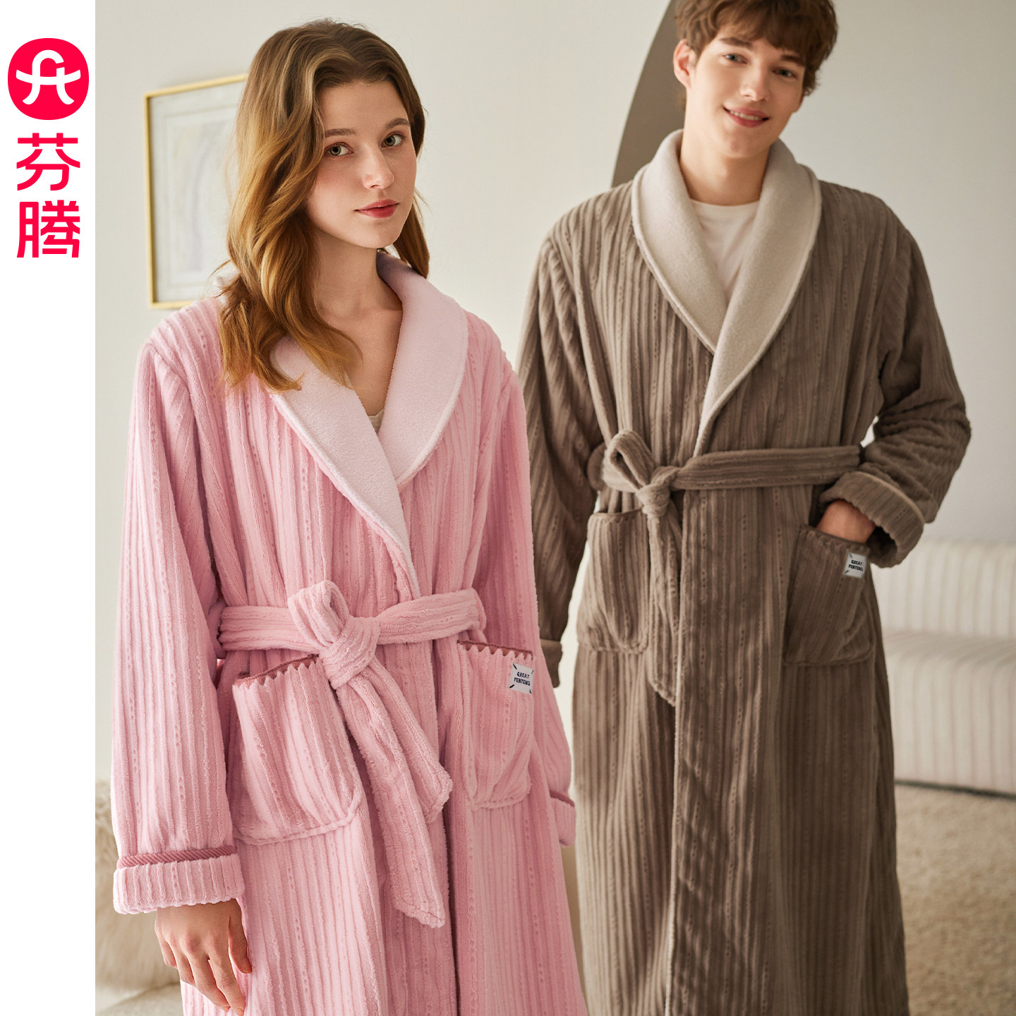 芬腾情侣睡袍秋冬季珊瑚绒加绒加厚睡衣女保暖法兰绒大码男家居服