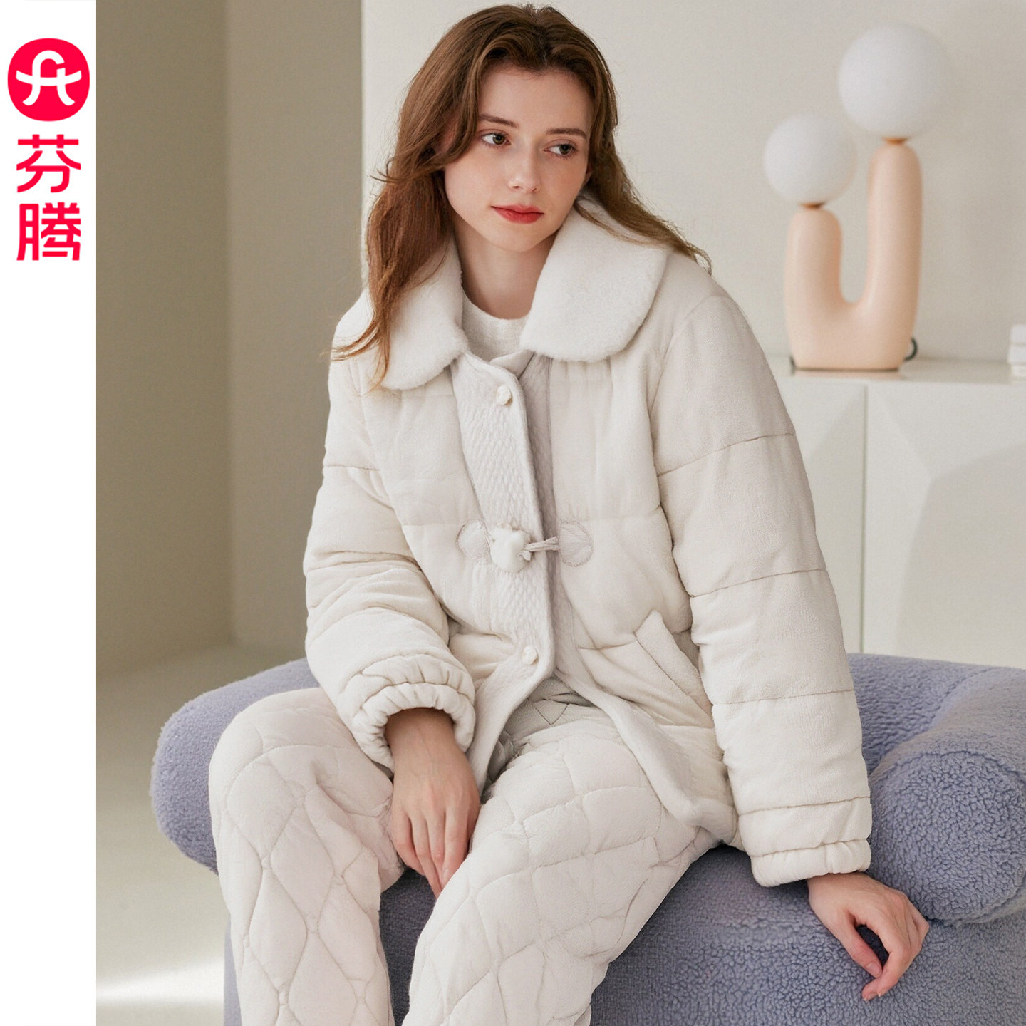 芬腾珊瑚绒夹棉睡衣女士冬季三层加厚抗静电保暖法兰绒家居服套装