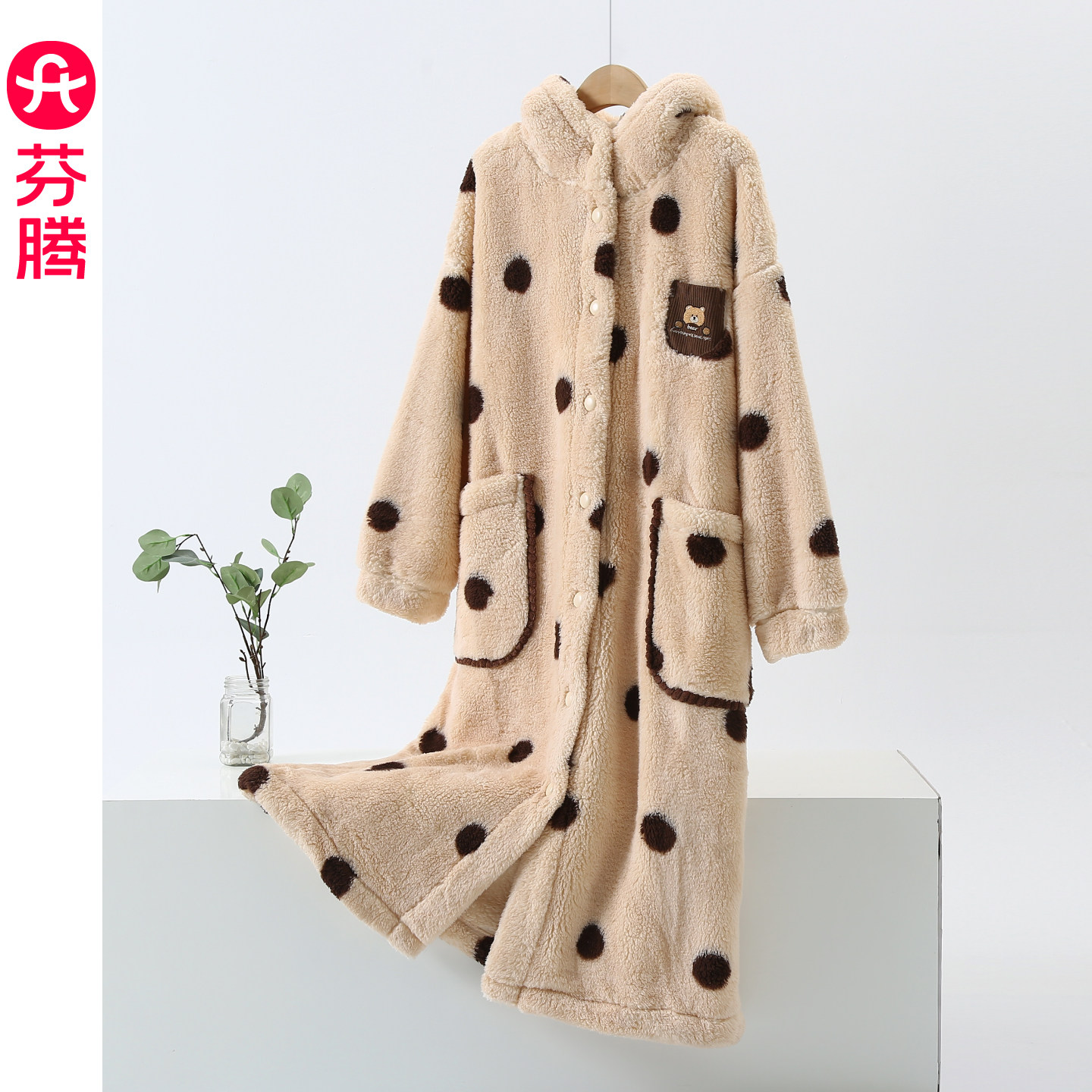 芬腾女士睡袍秋冬季珊瑚绒加绒睡衣法兰绒加厚大码休闲家居服睡裙