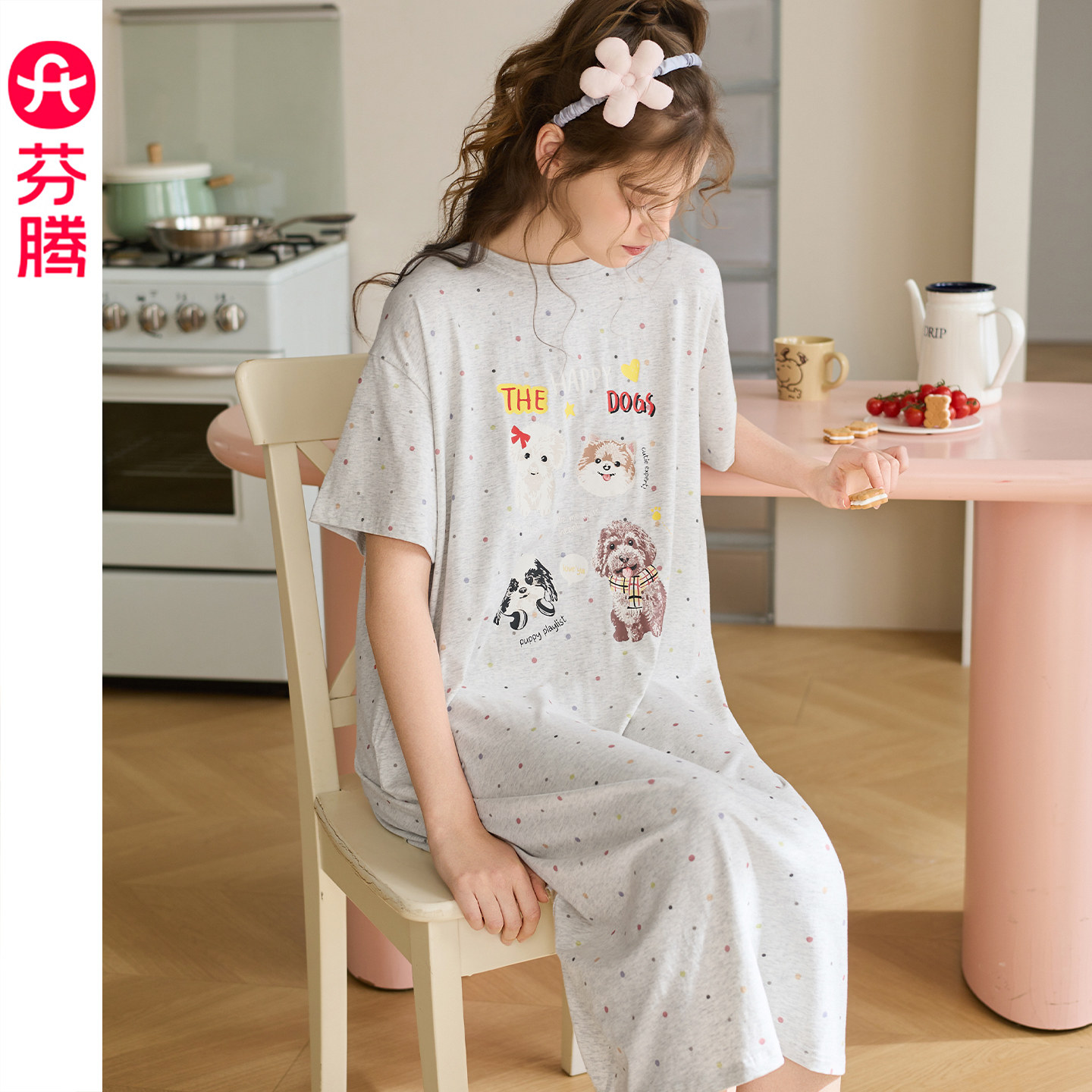 芬腾纯棉睡裙女夏季短袖睡衣裙图片