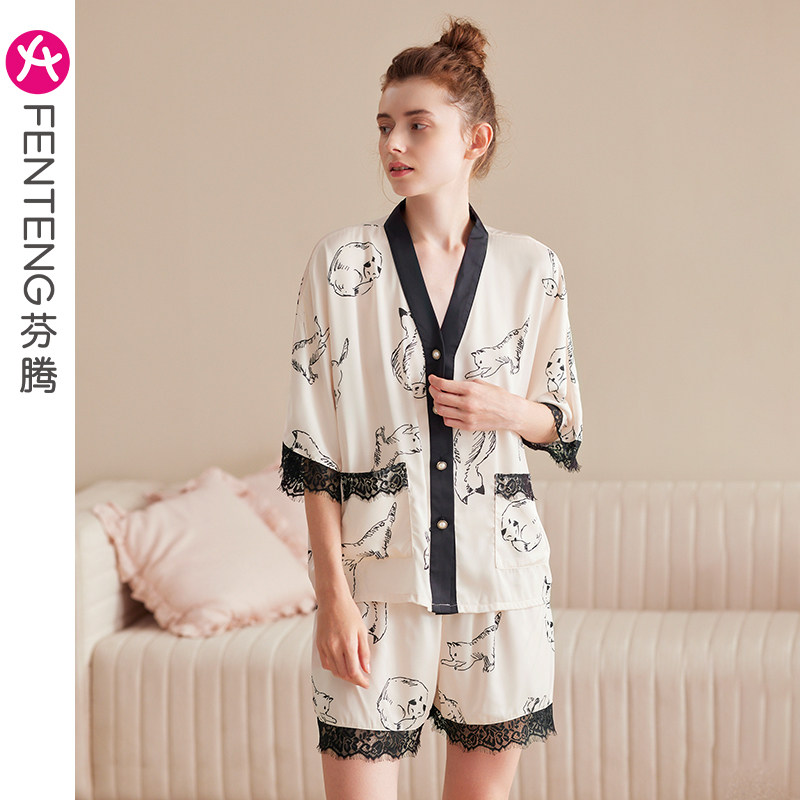 芬腾短袖睡衣女夏季冰丝薄款开衫V领宽松大码仿真丝绸家居服套装
