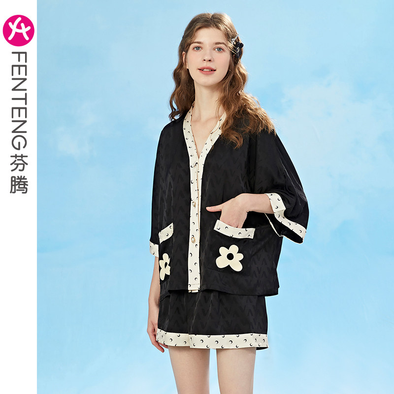 芬腾睡衣女短袖夏季薄款冰丝V领开衫薄款仿真丝绸大码家居服套装