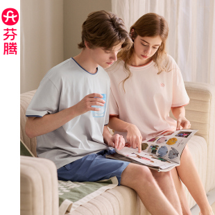 短裤 纯棉短袖 套装 大码 休闲家居服 芬腾情侣睡衣女夏季 青年男款 薄款