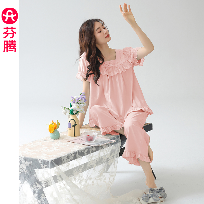 芬腾女睡衣夏季薄款纯棉短袖法式宫廷风甜美高级感家居服夏天套装