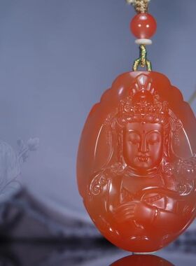 天然保山凉山南红玛瑙文殊菩萨吊坠生肖兔本命佛挂件观音普贤牌子