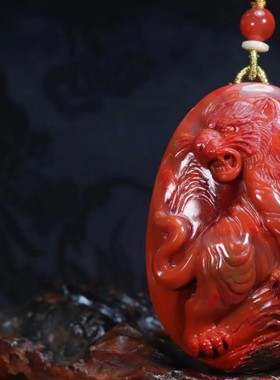 南红玛瑙吊坠【虎啸山林】包浆大牌原矿无胶无裂名师作品