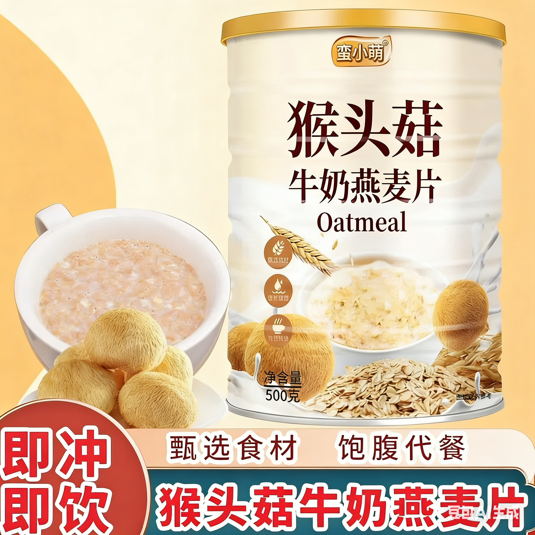 蛮小萌猴头菇牛奶燕麦片代餐冲泡即食大人小孩营养早餐500g/罐