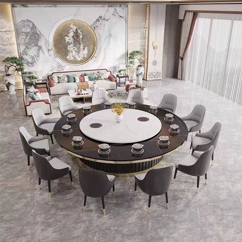 2023新酒店餐桌岩板电动大圆桌16人电动动转盘新中式火锅桌饭店包