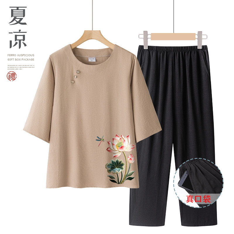 中老年女装T恤奶奶夏装中袖上衣妈妈圆领衣服婆婆国风衣服清凉装