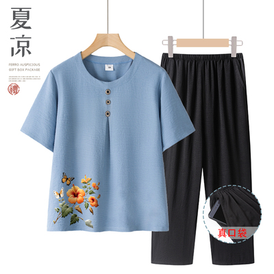 妈妈印花短袖中老年夏季棉绸上衣
