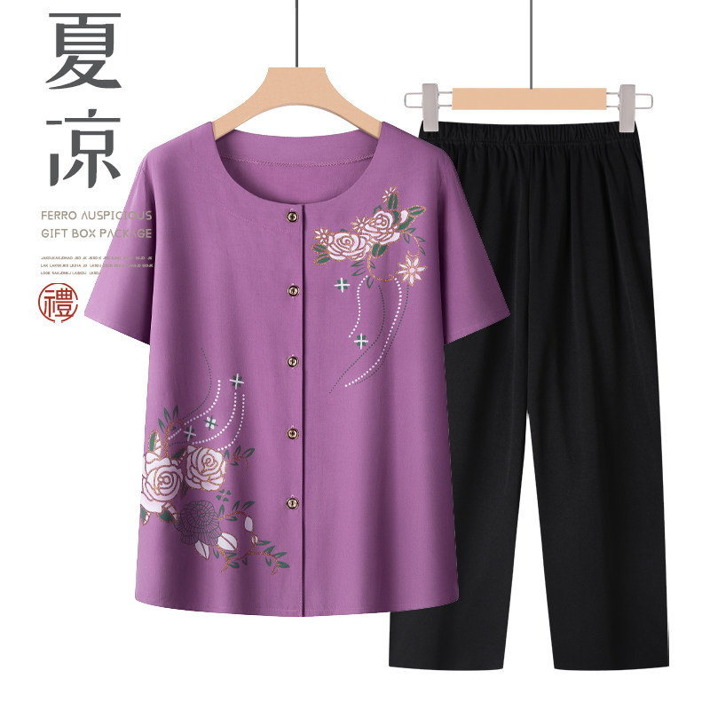 中老年人夏装短袖套装女奶奶棉绸两件套妈妈开衫老太太薄老人衣服
