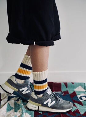 EKVILIBRO美式复古西海岸撞色条纹有机粗胚棉纱粗针毛巾底中长袜