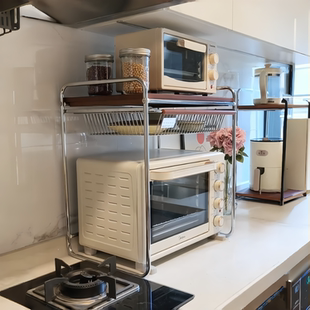 厨房微波炉置物架双层可抽拉式 调料架烤箱架多功能电饭煲收纳架