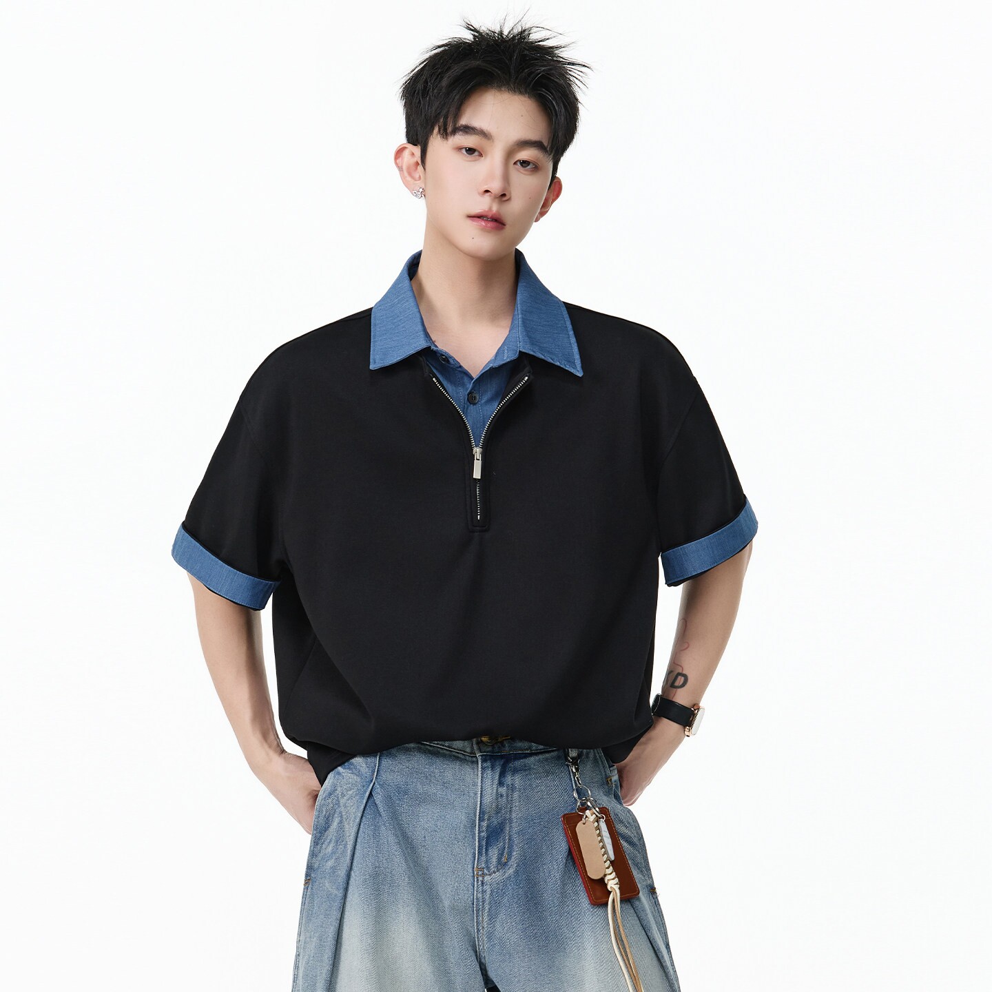 美式撞色假两件polo衫短袖男t恤图片