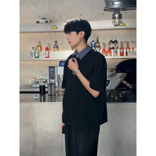 痞帅高级感polo衫男款夏季假两件衬衫翻领短袖t恤韩系学院风上衣