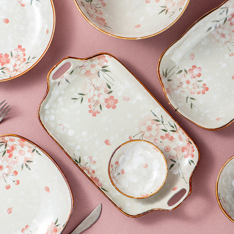 日式樱花盘子家用陶瓷菜盘深盘碗盘套装家用蒸鱼盘双耳圆形长方形,餐饮具,盘,淘宝优惠券,粉丝福利购,淘宝优惠卷