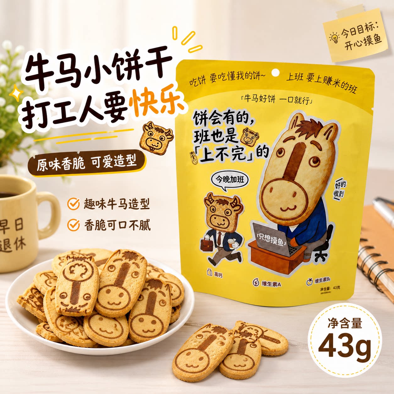 牛马饼干趣味造型牛来办公室下午茶解馋零食儿童营养高钙磨牙饼干