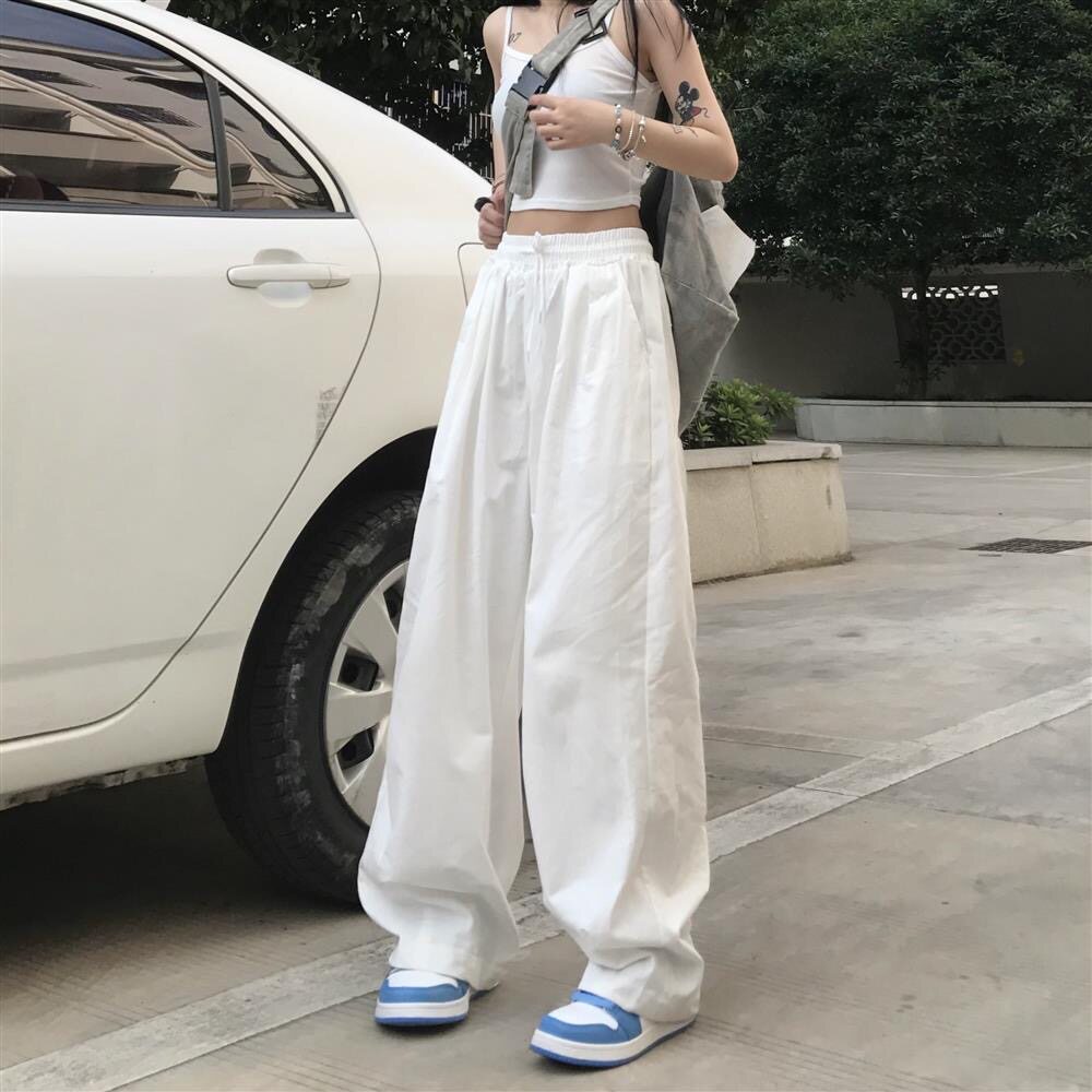 100%纯棉白色运动裤子女春夏韩版宽松显瘦高腰休闲拖地直筒阔腿裤