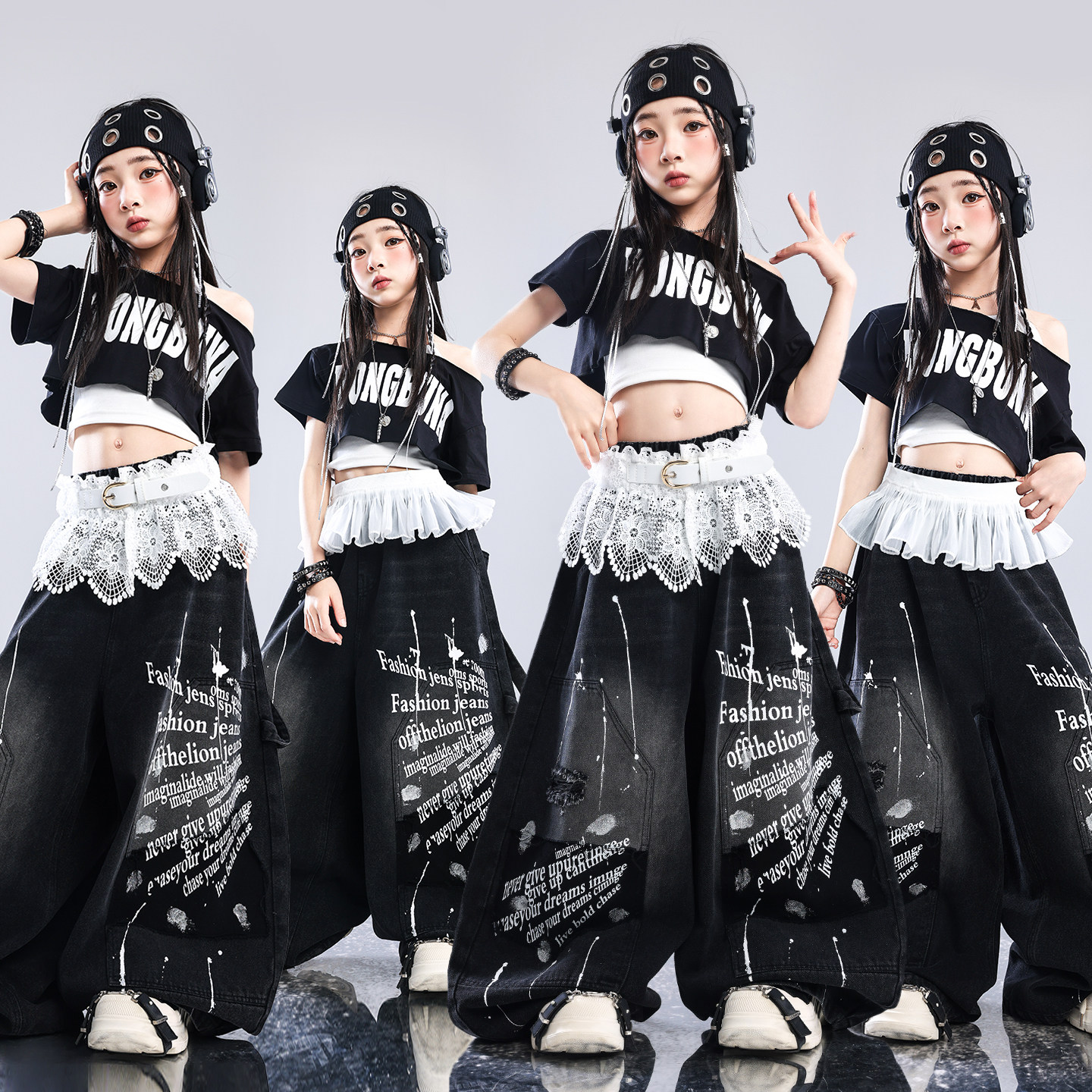 少儿爵士舞服装女童时髦套装少儿hiphop街舞表演服女孩潮酷嘻哈风图片