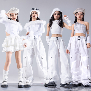 儿童街舞潮服女童爵士舞服装白色嘻哈演出服女孩模特T台走秀服装