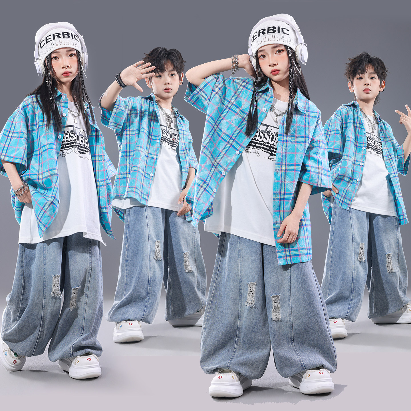 新款街舞儿童潮服嘻哈格子衬衫男童架子鼓演出服少儿hiphop表演服图片