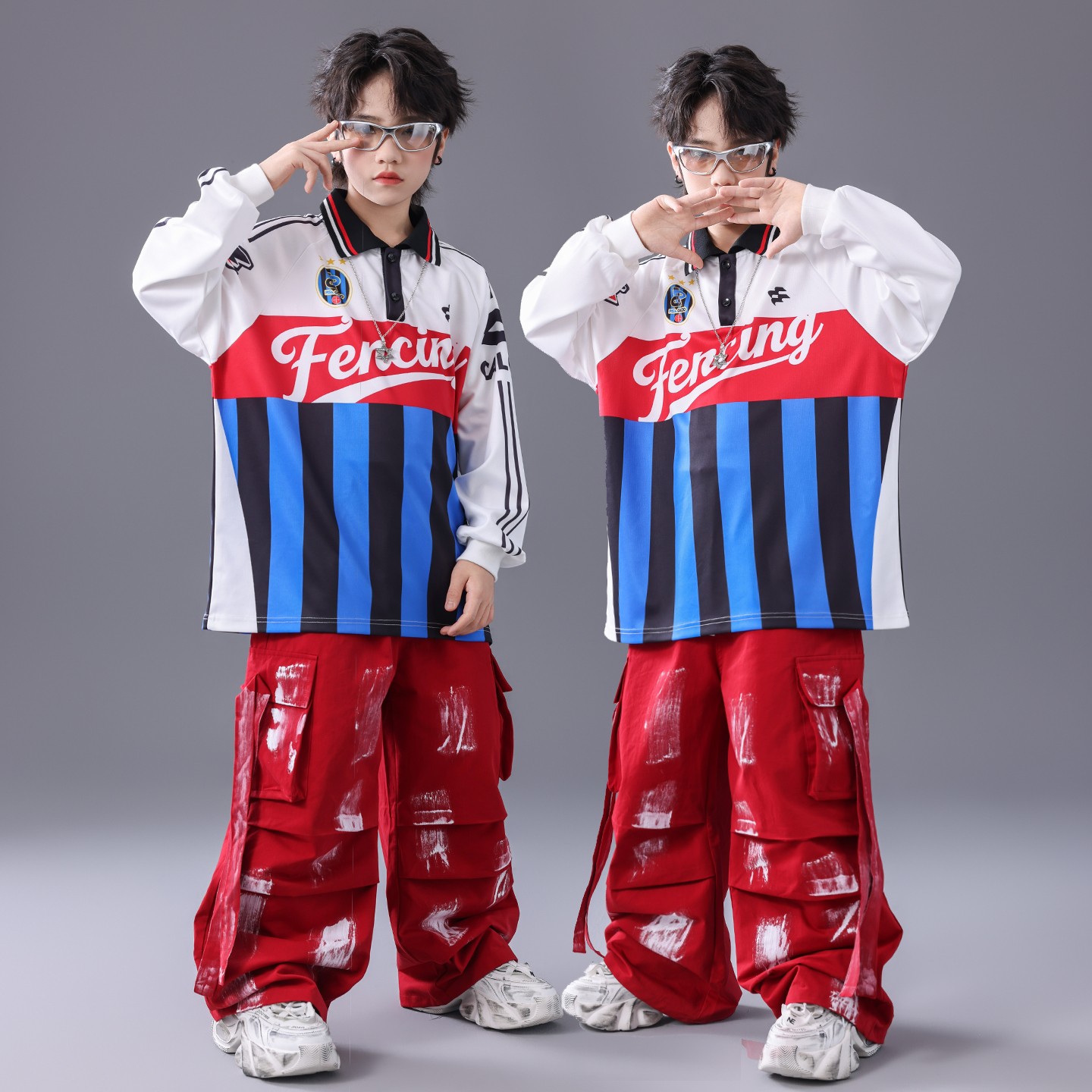 新款街舞儿童潮服元旦红色演出服