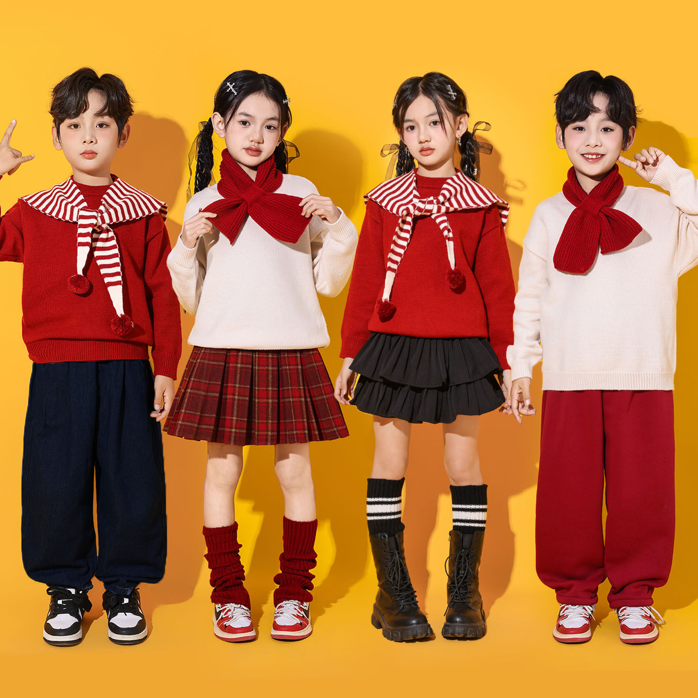 元旦儿童合唱演出服少儿春晚喜庆朗诵表演服装女童红色毛衣套装冬