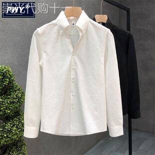 潮牌高级感暗花纹白色长袖衬衫男春秋季2025新款痞帅休闲商务衬衣
