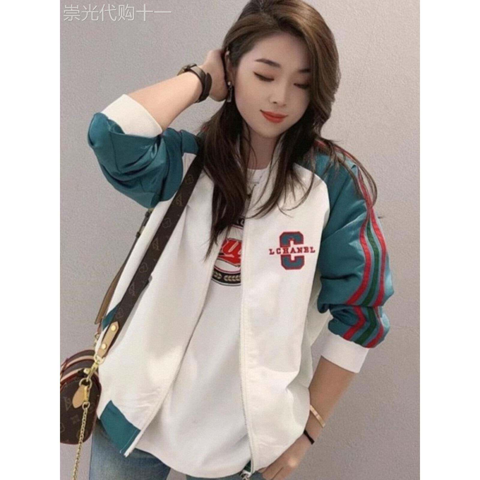 拼接撞色棒球服女春秋欧货运动小个子夹克上衣短款运动服条纹外套