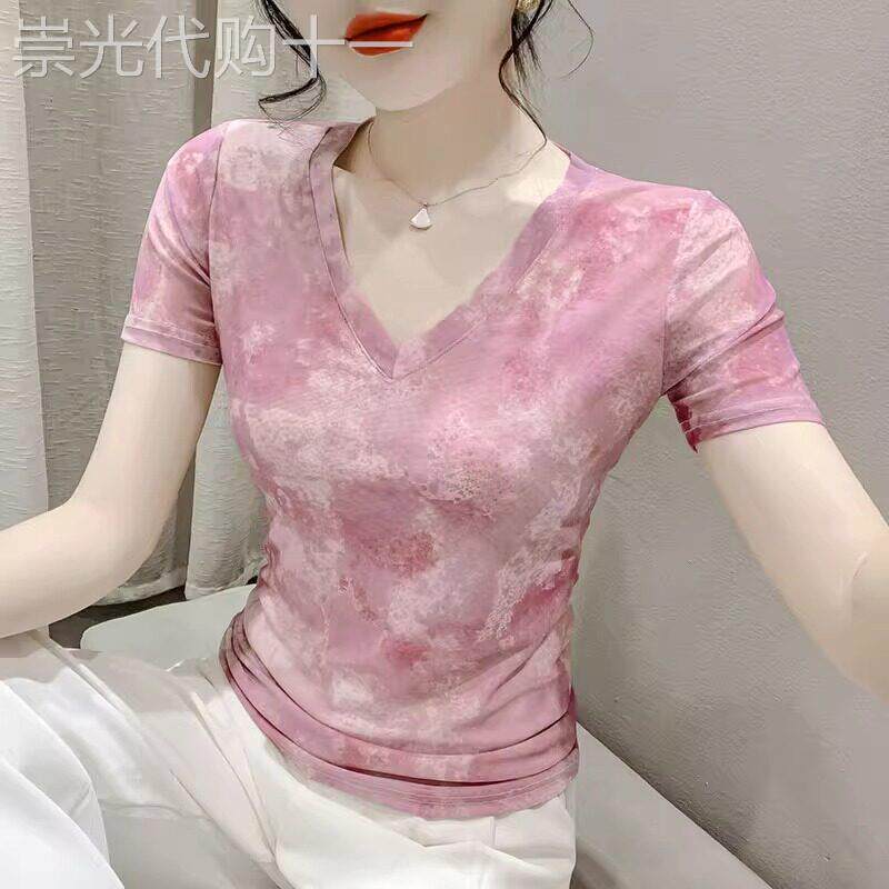 潮牌网纱印花t恤上衣女夏季减龄漂亮设计感别致气质V领短袖打底衫