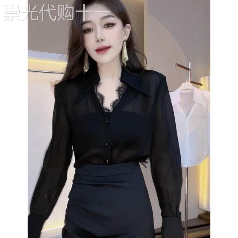 蕾丝边微透衬衫女春秋欧货新款时尚气质休闲 显瘦V领薄款雪纺上衣