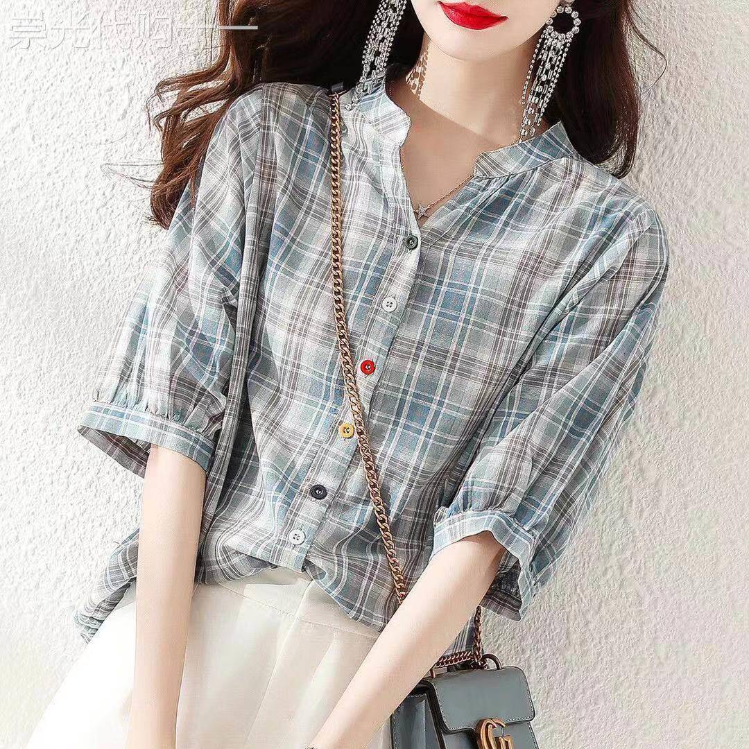 短袖棉质格纹衬衫女夏季2025新款宽松显瘦休闲百搭设计感小众衬衣