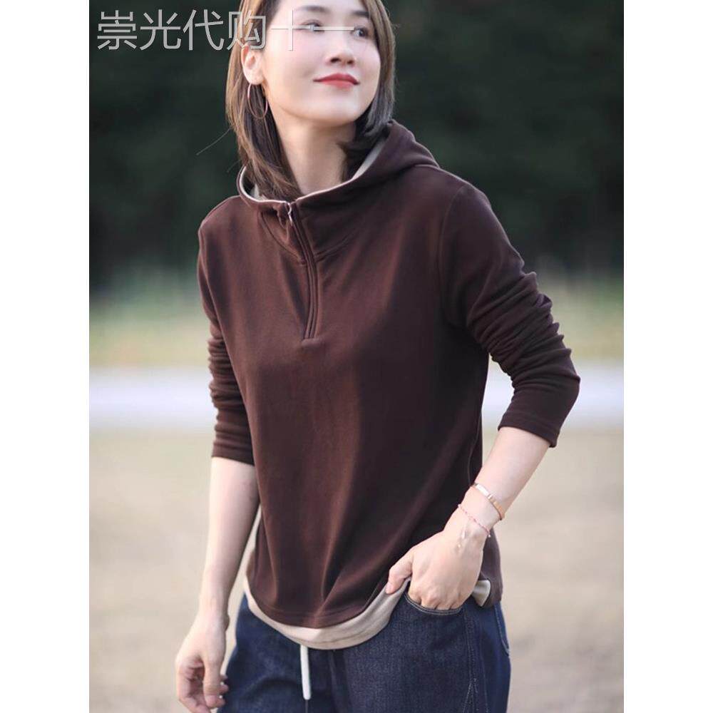 咖啡色连帽卫衣女款2025新款秋季双面绒拼色上衣宽松休闲长袖外套