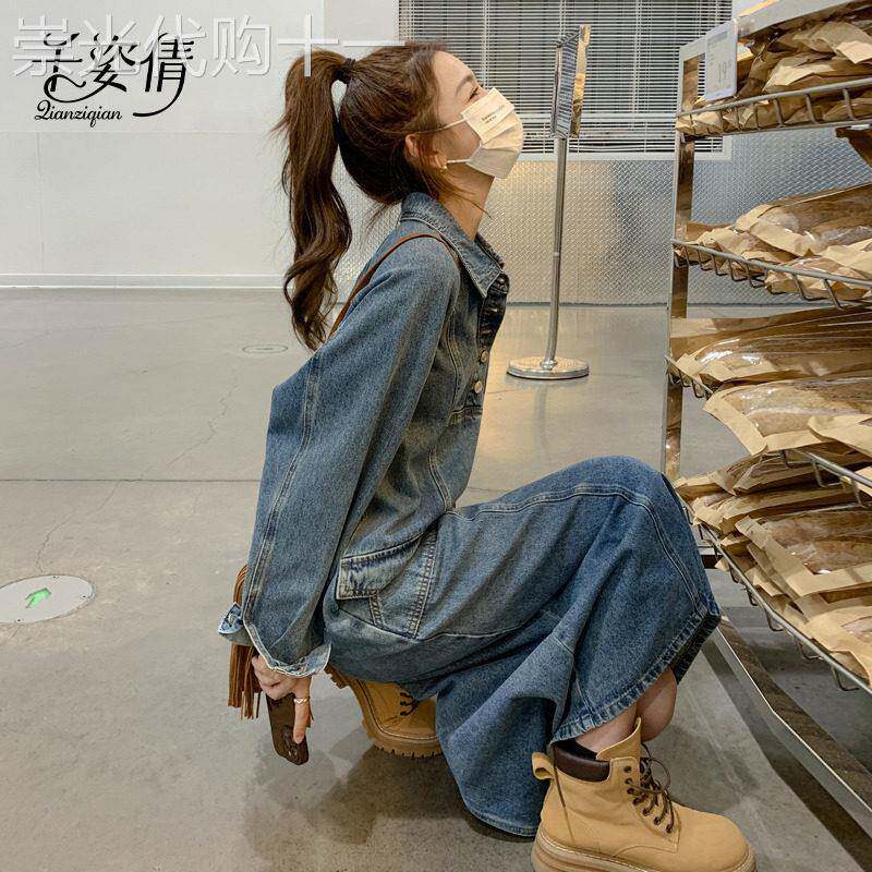 复古蓝色牛仔洋装女初春2026新款港风气质休闲显瘦中长版衬衫裙
