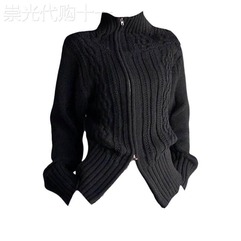 高级感立领麻花针织开衫女秋冬2025新款修身收腰显瘦美式毛衣外套