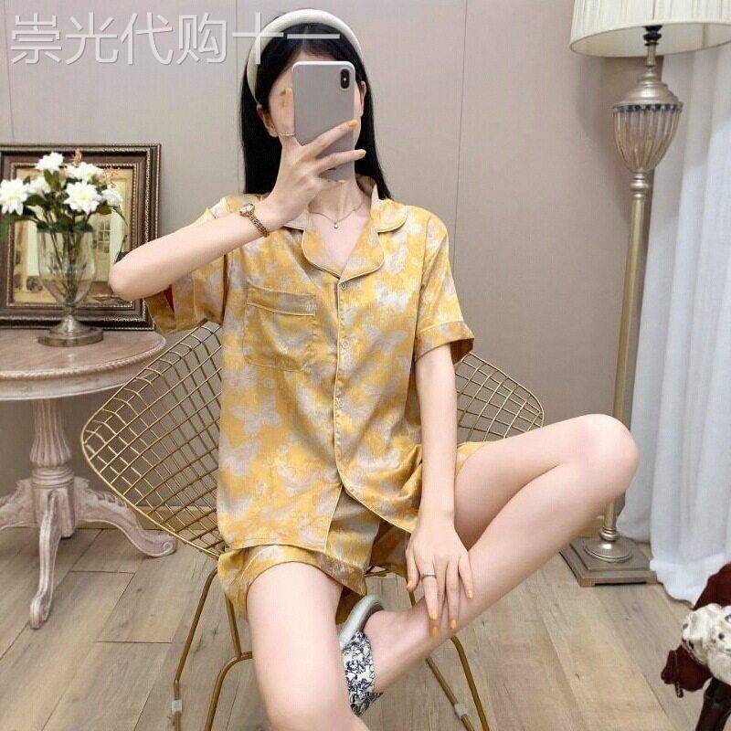 冰丝睡衣女士夏季短袖短裤2026新款轻奢蝴蝶黄色高级感家居服套装