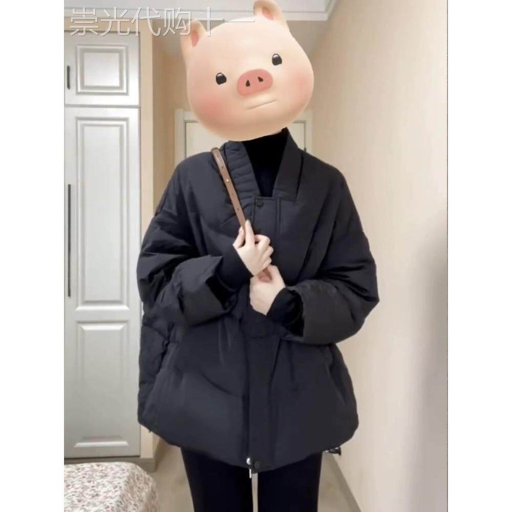 香港高级感黑色羽绒棉服女冬季大码胖mm宽松时尚洋气保暖棉衣外套