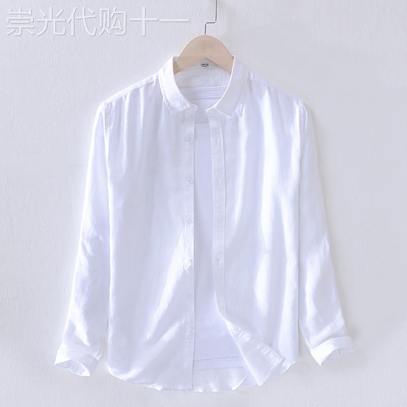 潮牌夏季薄款亚麻衬衫男日系小清新白色棉麻衬衫休闲透气长袖外套