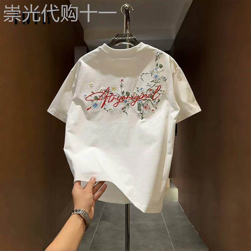 短袖t恤男士夏季国潮花卉刺绣休闲上衣潮牌修身痞帅圆领半袖体恤