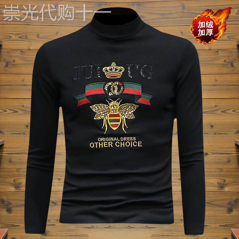 秋冬季潮牌蜜蜂刺绣半高领长袖T恤男薄绒加厚上衣纯棉修身打底衫