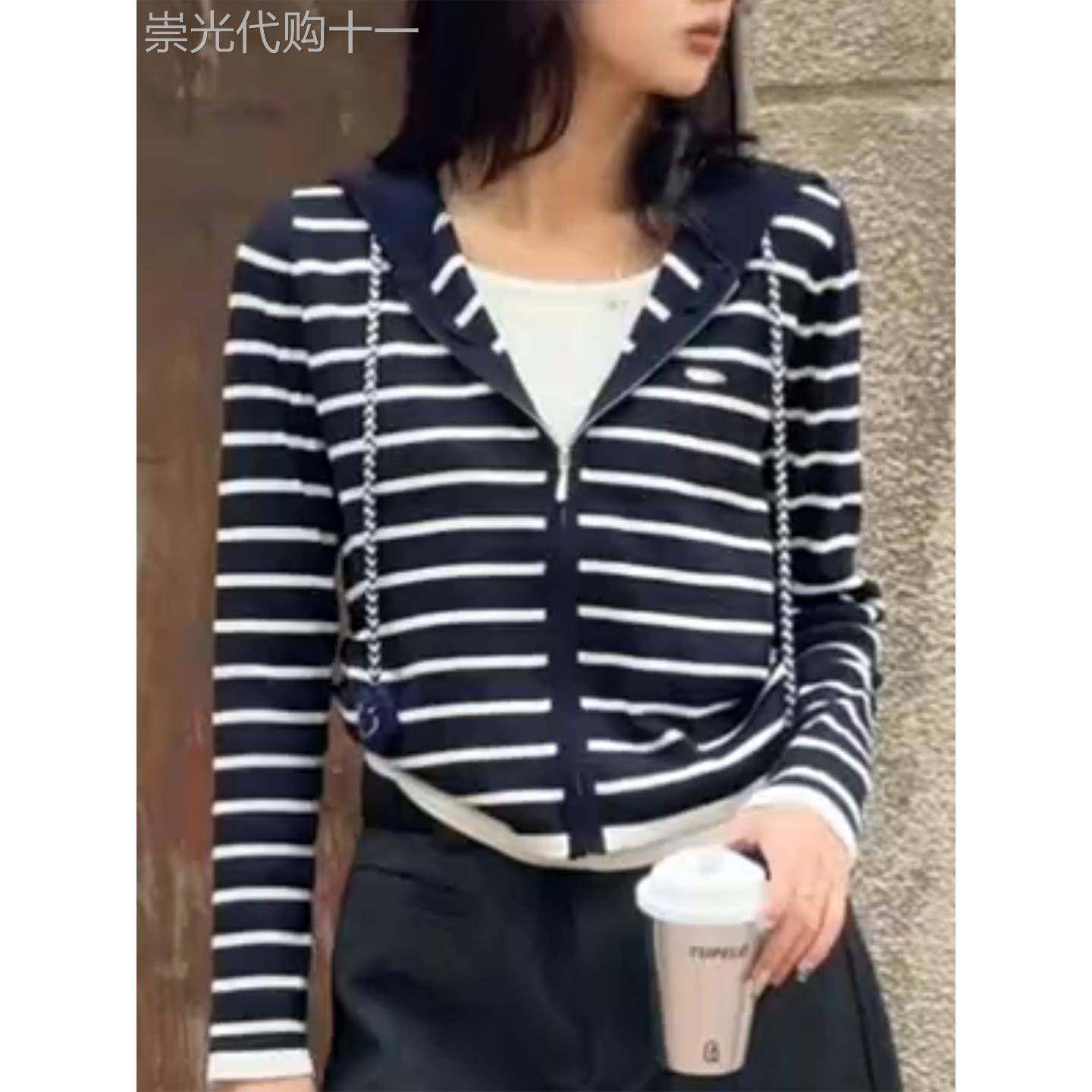 欧洲站2025秋季新款欧货女连帽拼接假两件条纹羊毛针织衫上衣