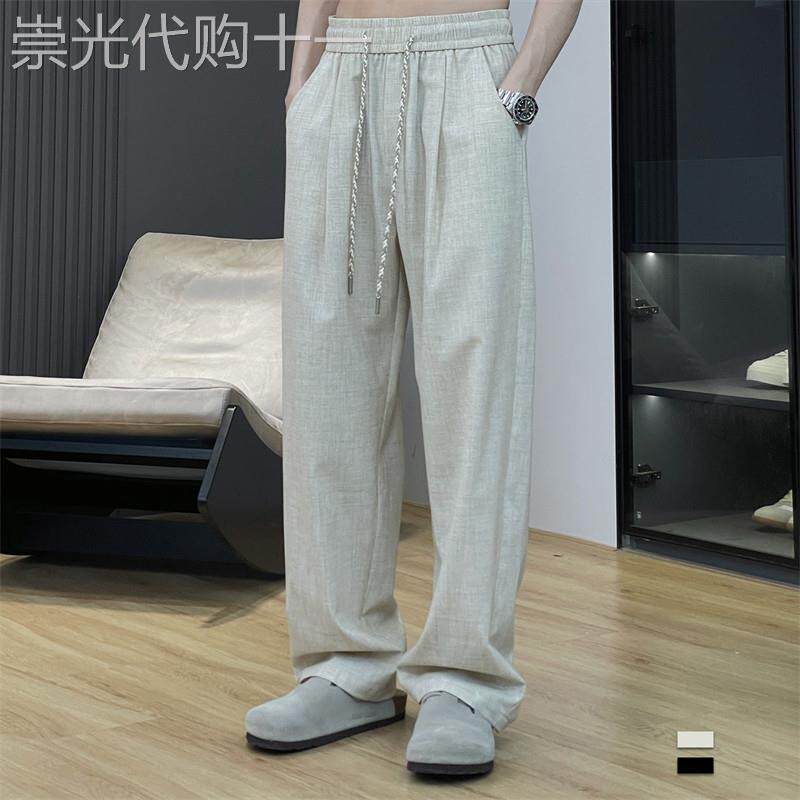 高端冰丝麻料男士休闲裤2026夏季潮牌褶皱阔腿裤垂感运动显瘦长裤