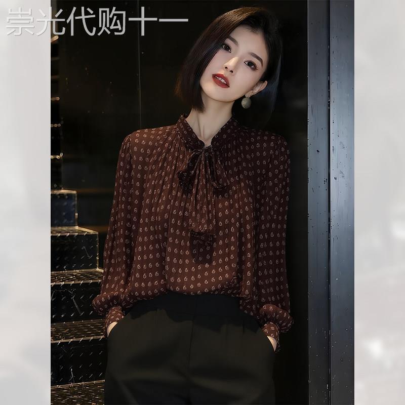 飘带蝴蝶结咖色衬衫2026春季新款女碎花上衣超好看衬衣独特百搭