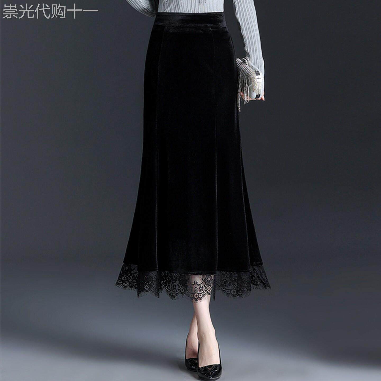 黑色金丝绒半身裙女2025年秋冬季新款高腰显瘦长款一步包臀鱼尾裙