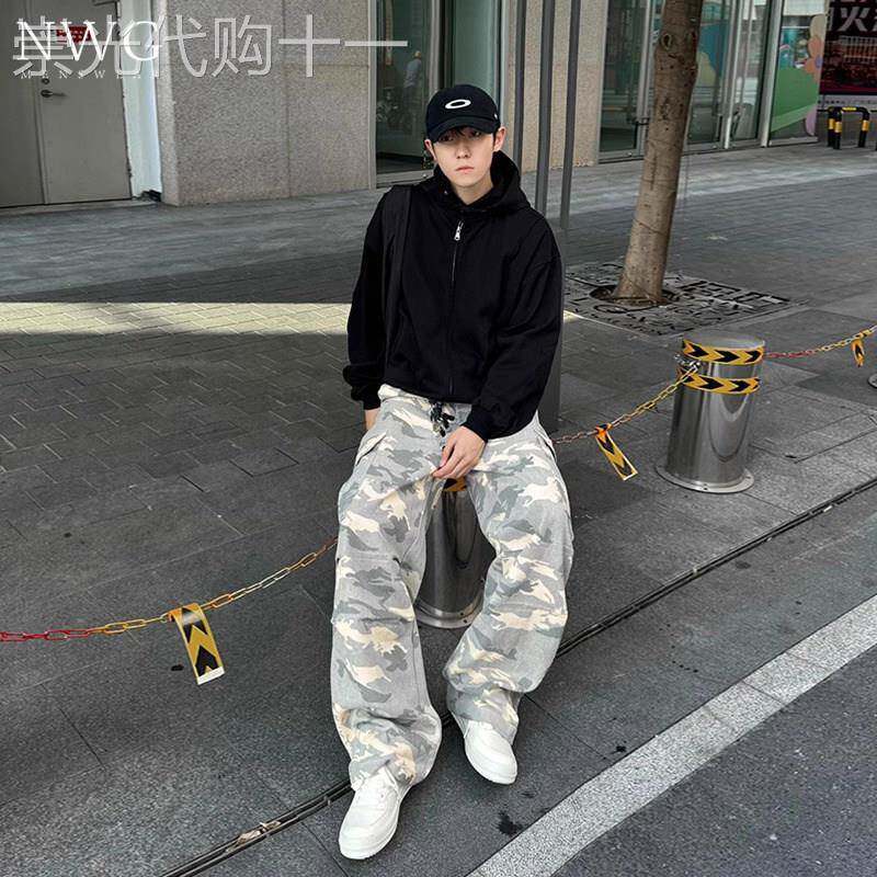 浅黄色迷彩工装裤男潮牌春秋季宽松直筒阔腿裤子美式高街休闲长裤
