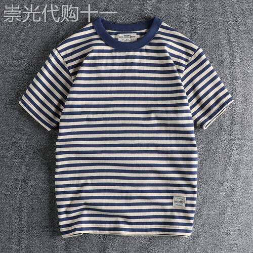 代购阿美咔叽复古海魂衫短袖T恤男 夏季美式潮流高克重条纹半袖衫