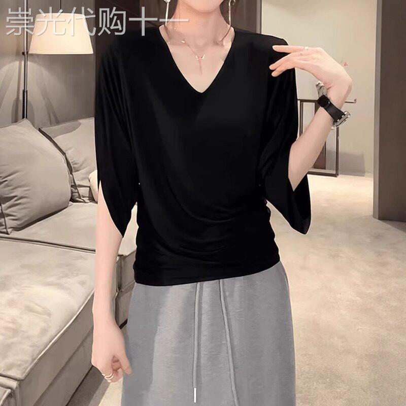 冰丝短袖t恤女夏季2026新款慵懒风独特漂亮掐腰蝙蝠袖正肩V领上衣