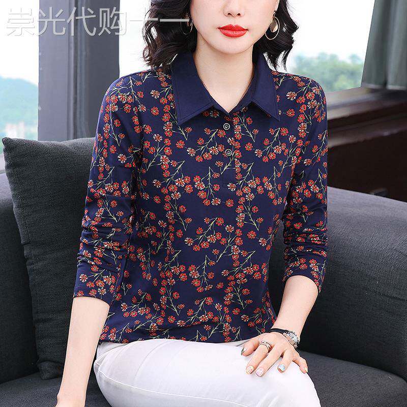 中年妈妈洋气印花翻领长袖T恤女装秋季2025新款宽松百搭纯棉上衣