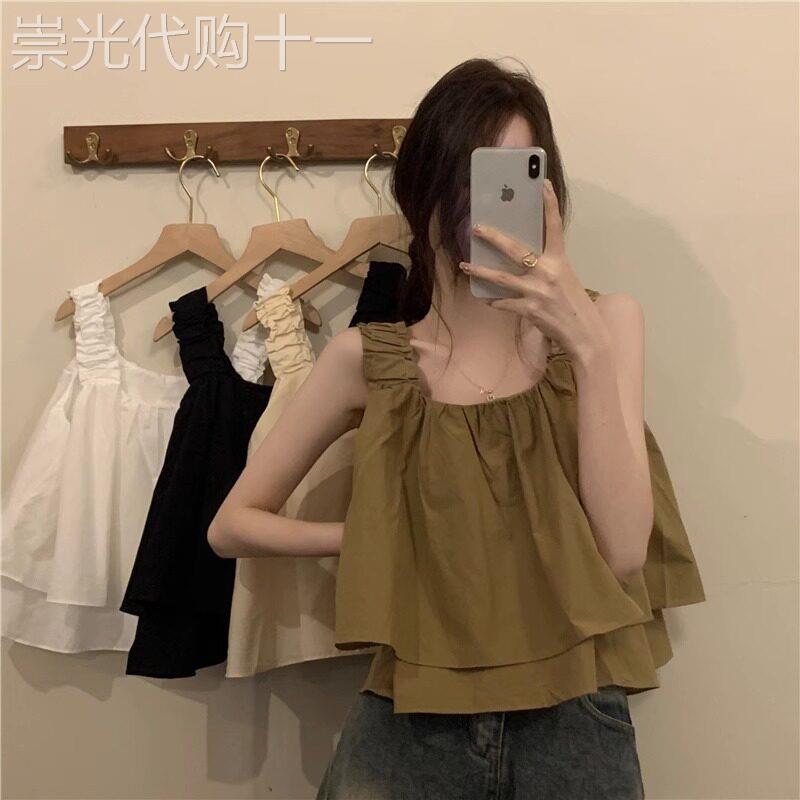潮牌黑色吊带背心女夏季外穿无袖娃娃衫小个子方领短款上衣半袖