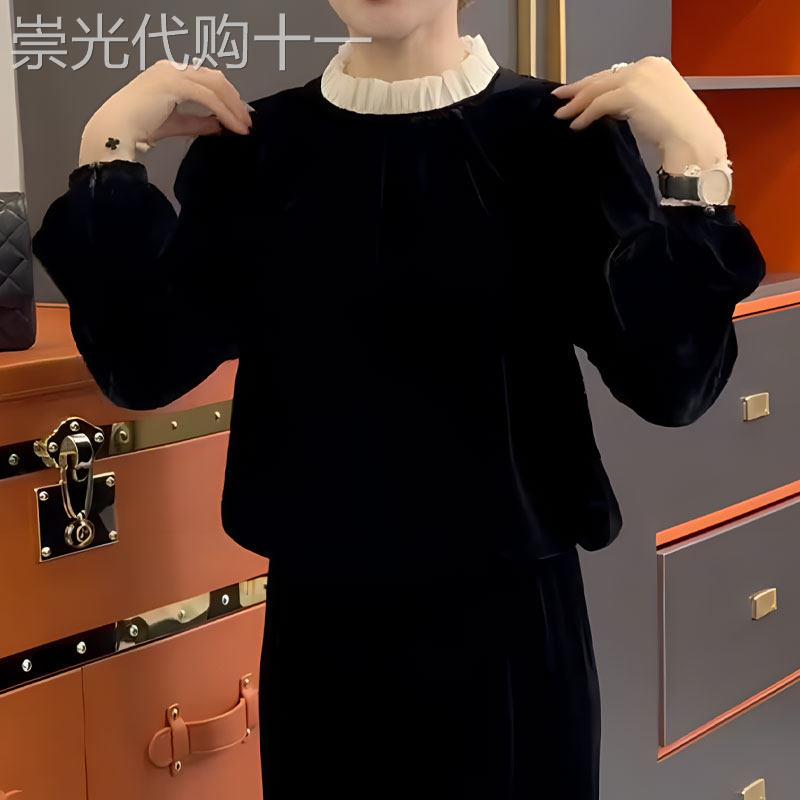 韩版小香风黑色花边丝绒上衣女2026春季新款宽松气质高级百搭长袖